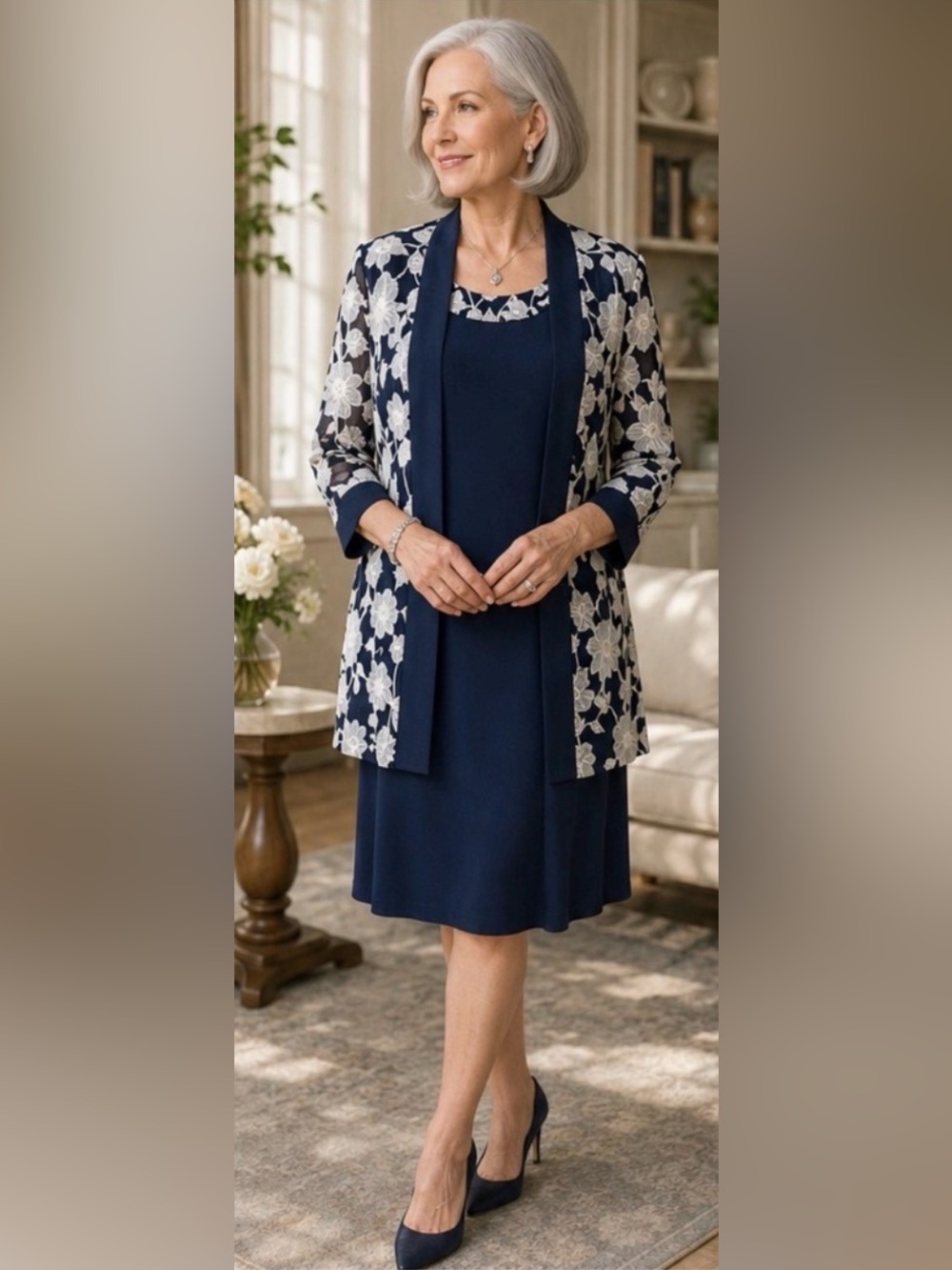 R&M Richards Navy White Dress & sheer Floral Jacket NWT 2 pieces Modest midi 
12